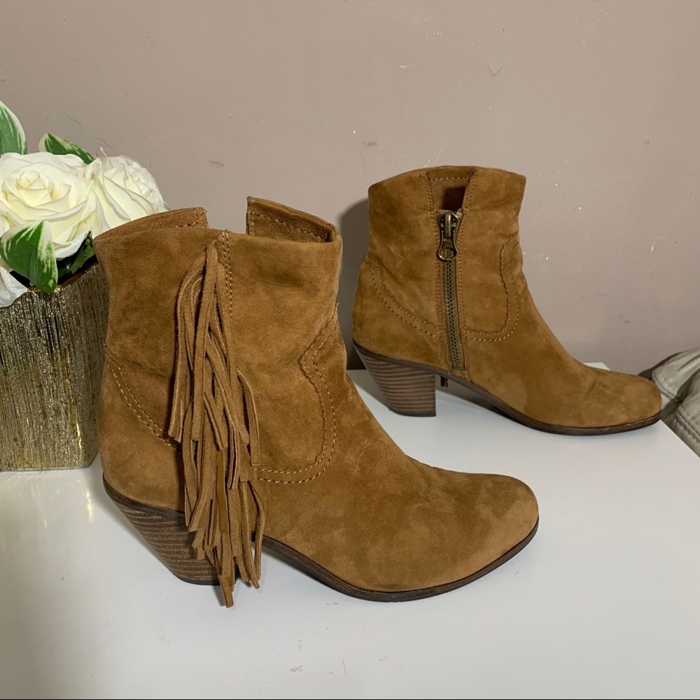 SAM EDELMAN LOUIE SADDLE SUEDE FRINGE BOOTS Brown - Picture 2 of 9